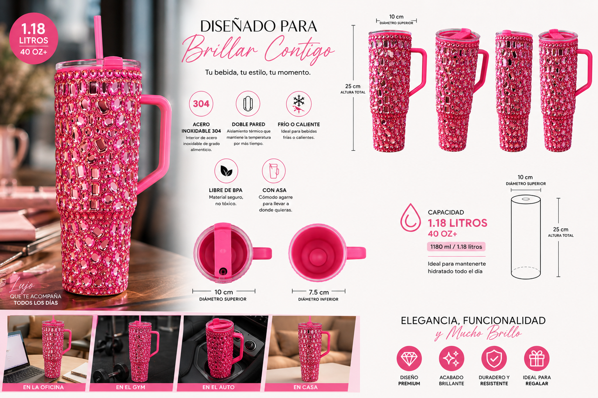 Vaso Térmico Diamond con Pedrería Ultra Brillante Gloss Rosa