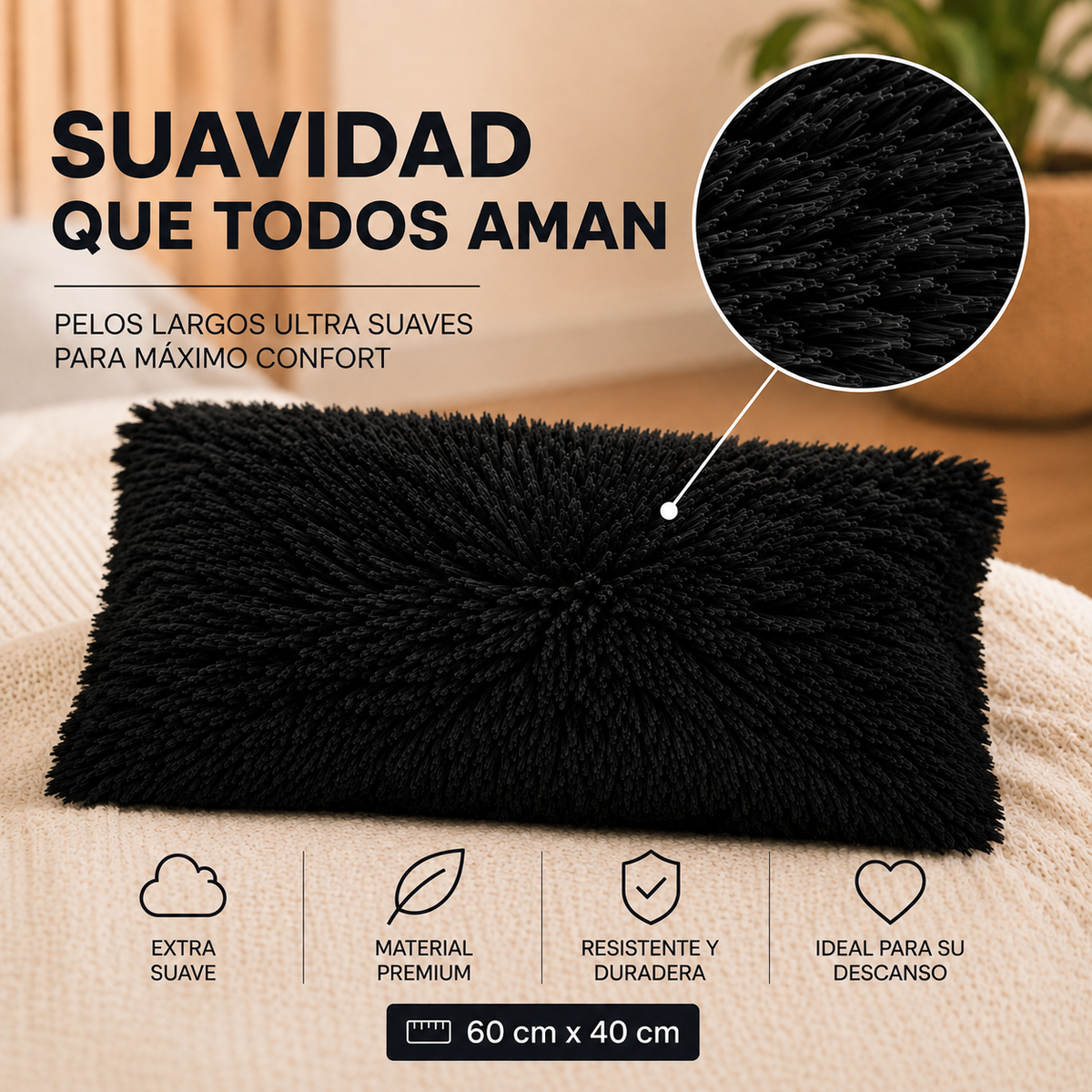 Almohada de Pelo Largo Negra Ultra Suave Tipo Peluche