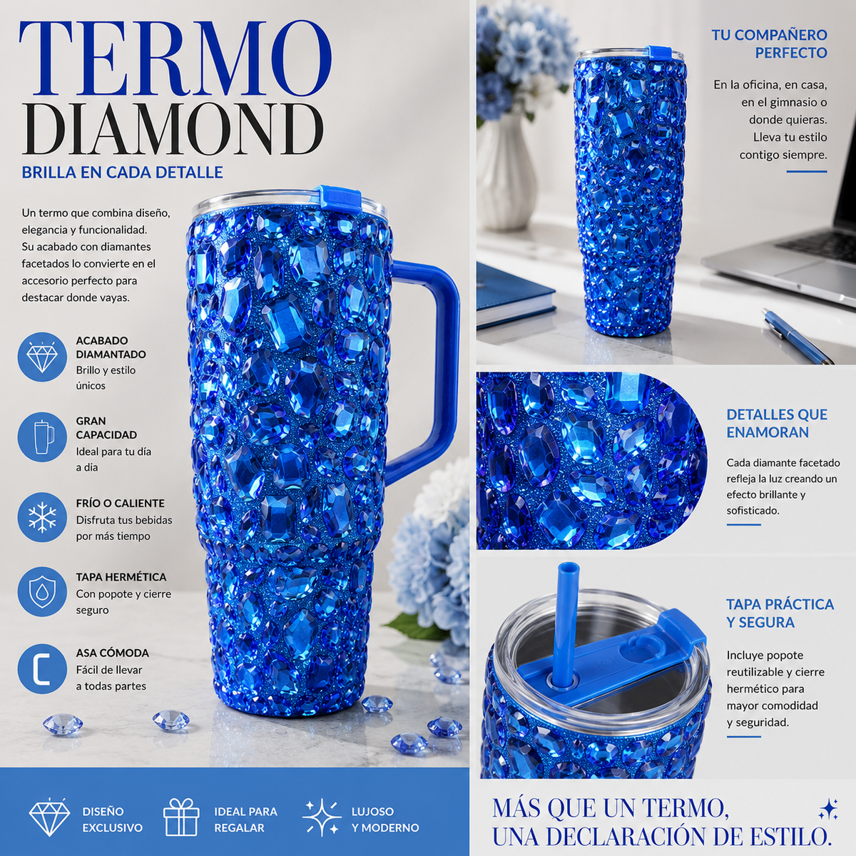 Vaso Térmico Diamond con Pedrería Ultra Brillante Gloss Azul
