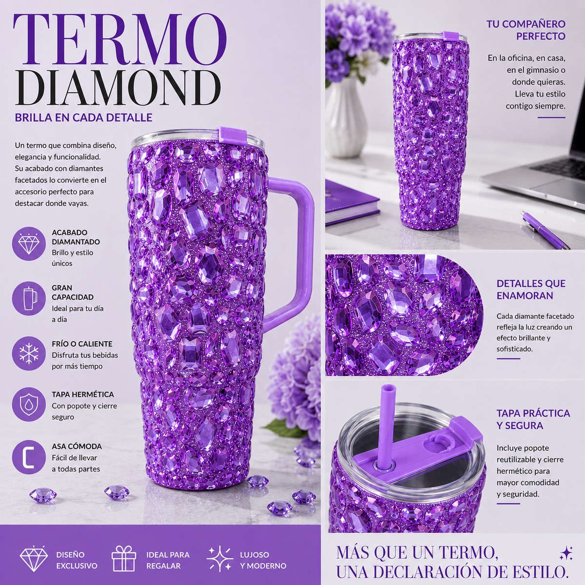 Vaso Térmico Diamond con Pedrería Ultra Brillante Gloss Morado