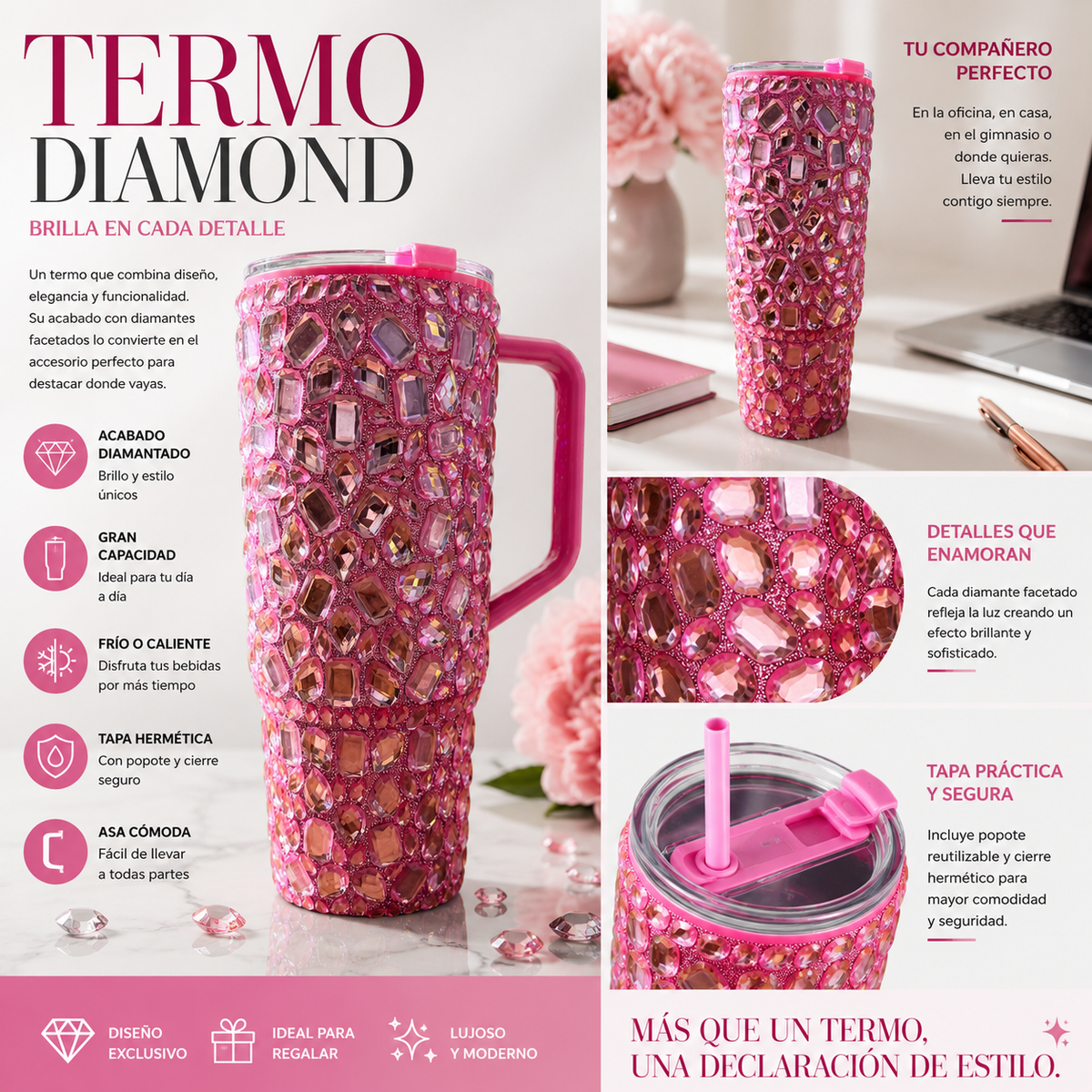 Vaso Térmico Diamond con Pedrería Ultra Brillante Gloss Rosa