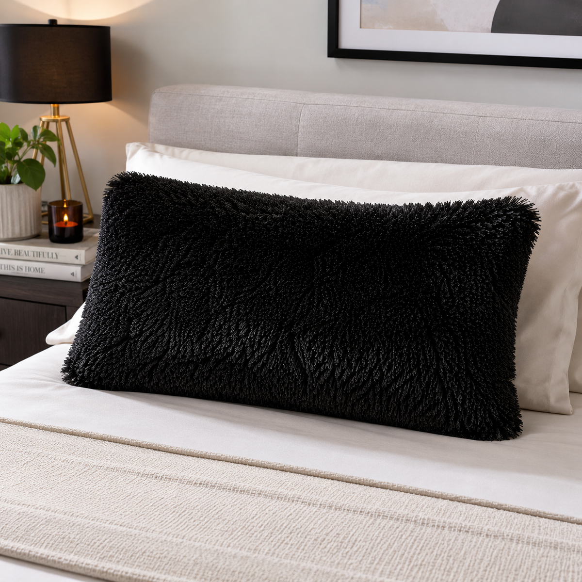 Almohada de Pelo Largo Negra Ultra Suave Tipo Peluche
