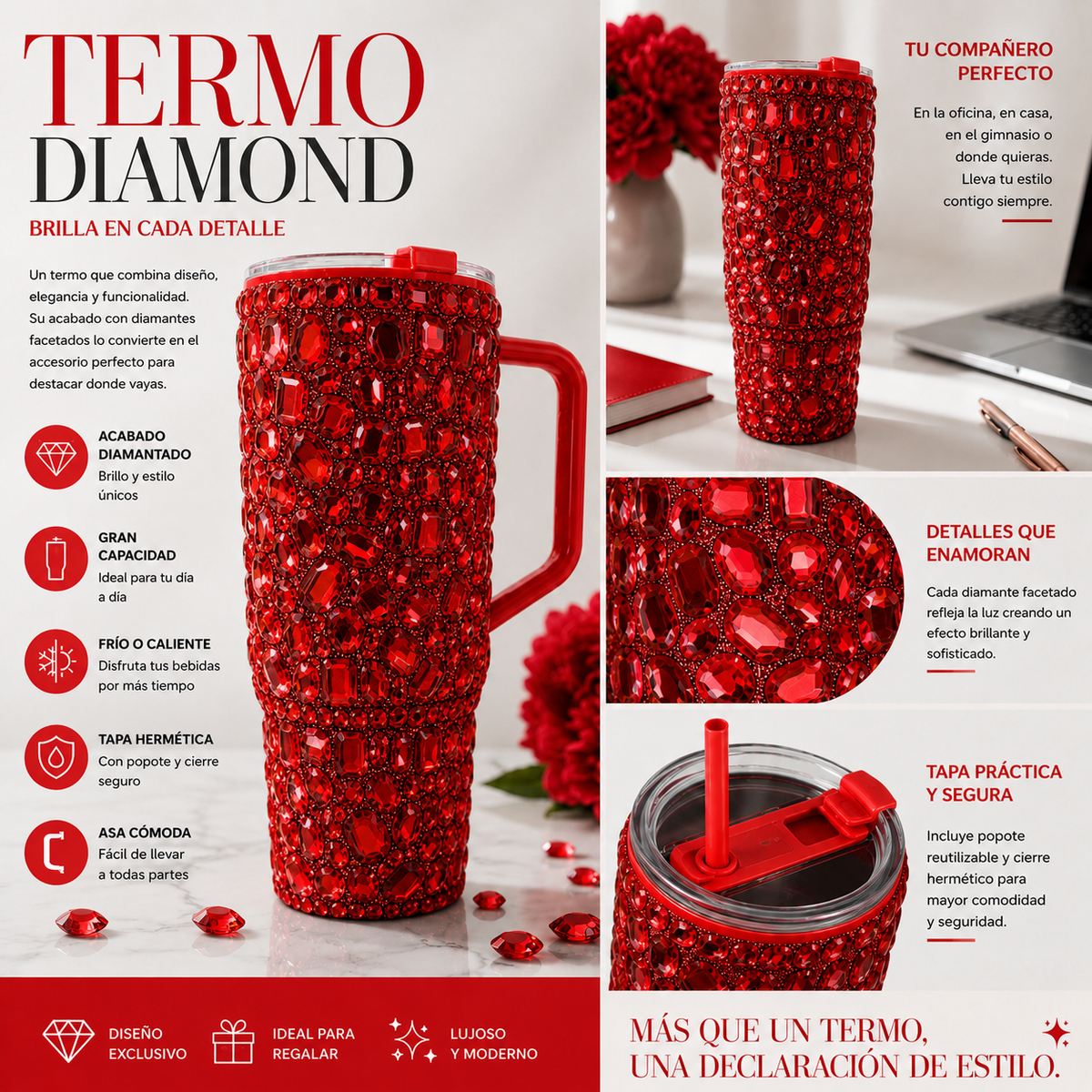 Vaso Térmico Diamond con Pedrería Ultra Brillante Gloss Rojo
