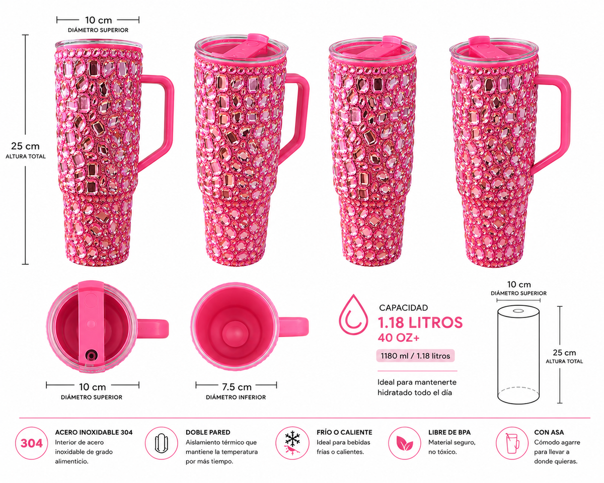 Vaso Térmico Diamond con Pedrería Ultra Brillante Gloss Rosa