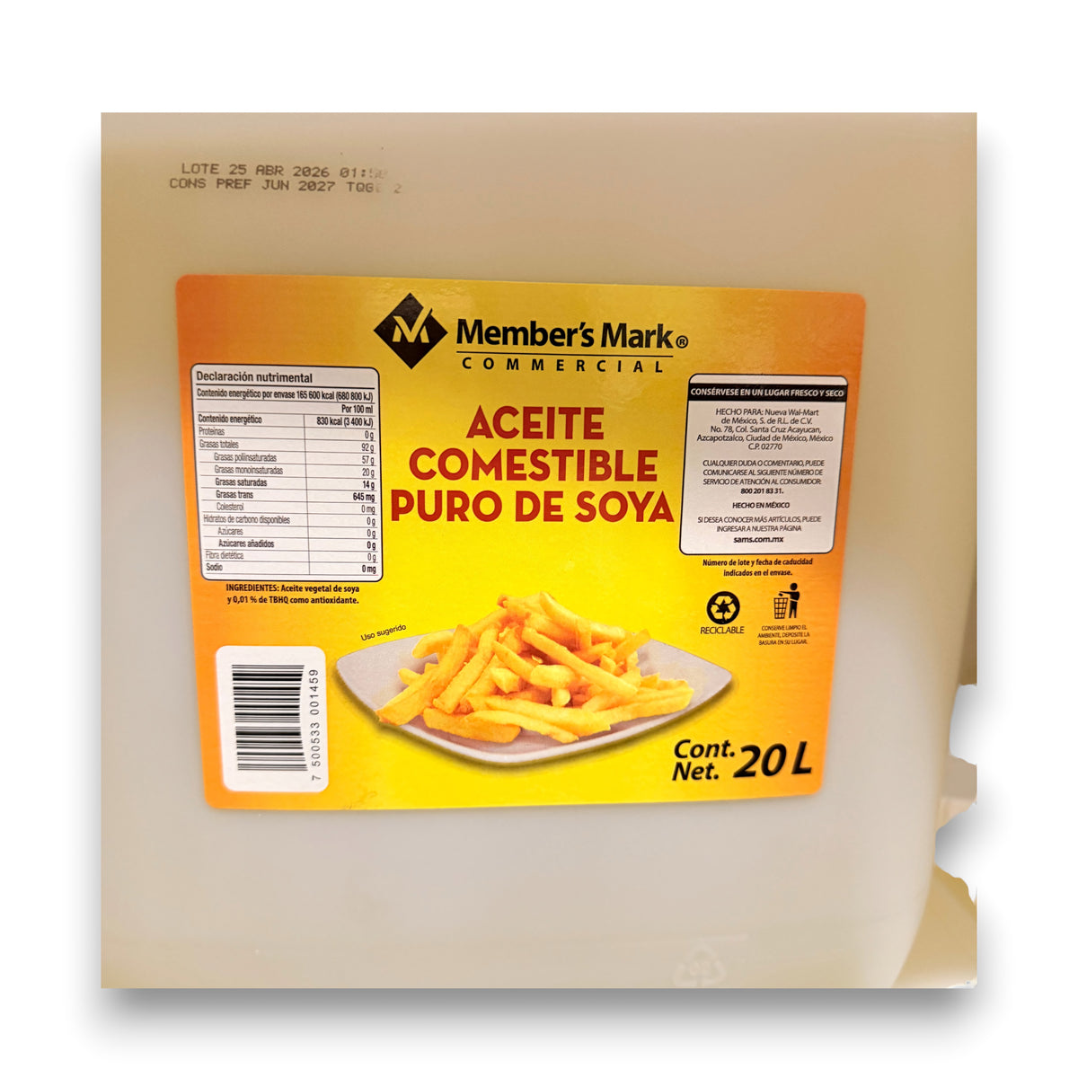 Aceite Vegetal de Soya Member's Mark 20 Litros